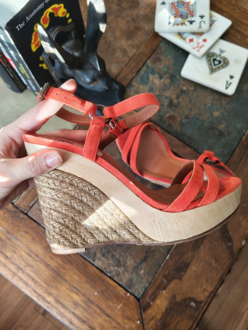 Lanvin Orange Suede Espadrille Wedge Sandals